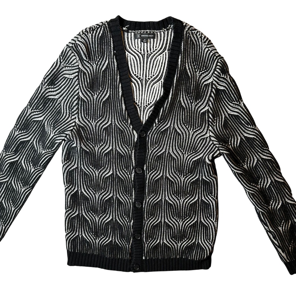INC International Concepts Boho Medium Black White Optical Wave Cardigan Sweater